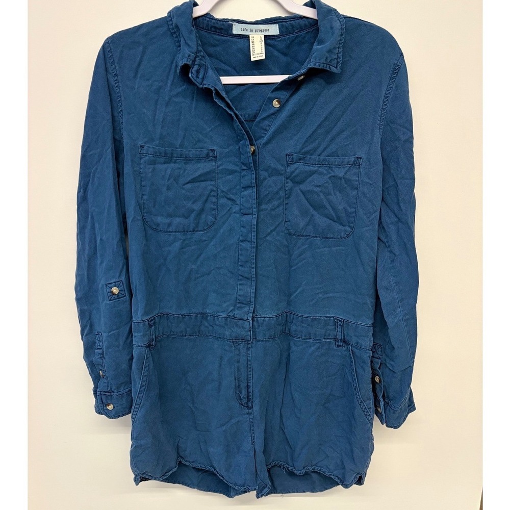 Life in Progress Romper Women Large Blue Utility Cargo Workwear Minimal